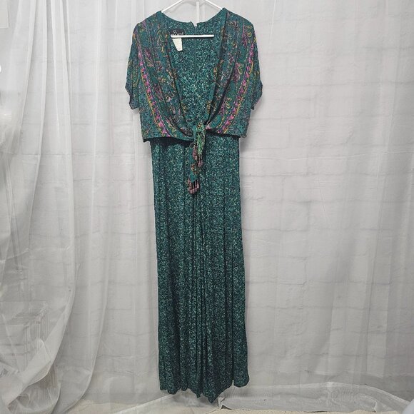 Vintage Carole Little Green Palazzo Jumpsuit Paisley Layered Beaded Boho 10 - Picture 8 of 9